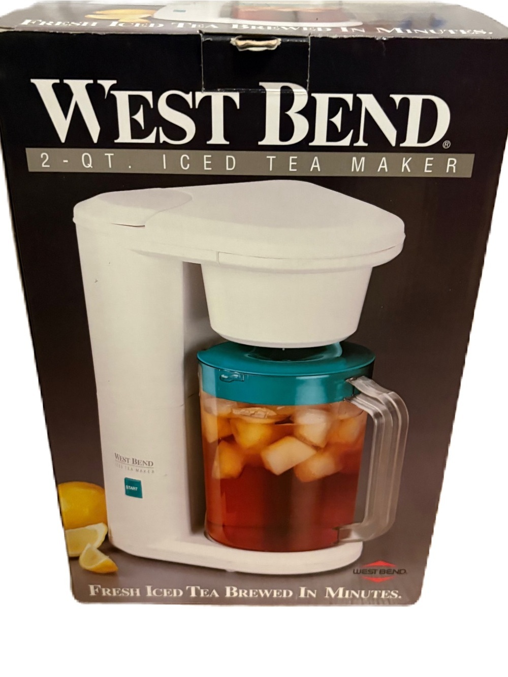 West Bend 2-Quart Iced Tea Maker in White with Teal Lid Vintage
